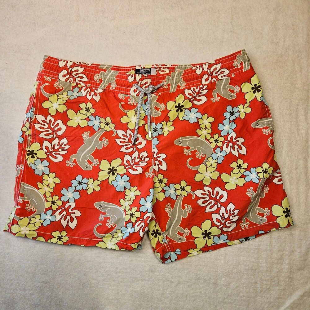 Men's Vilebrequin Red Gecko Swimsuit Trunks Size XL 4" inseam Short Resort Beach